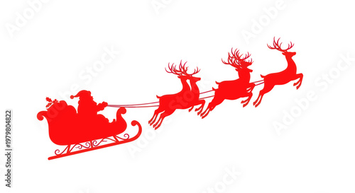 Santa Claus Riding Sleigh Pulled by Reindeer, Festive Christmas Silhouette