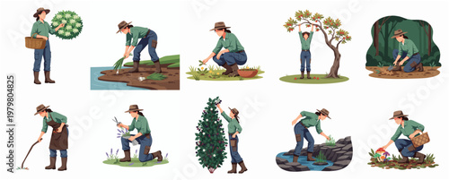 Cartoon Gardener Woman Activity Set Illustration in Various Natural Setting