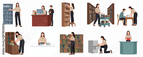 Flat Illustration of Librarian Activity at Library and Archive Collection