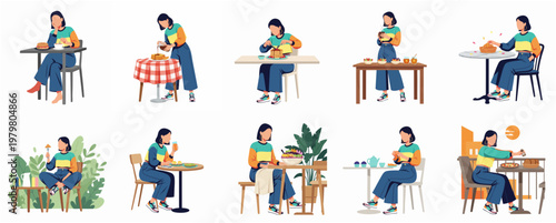 Stylish Flat Illustration Set of Woman Dining and Preparing Food