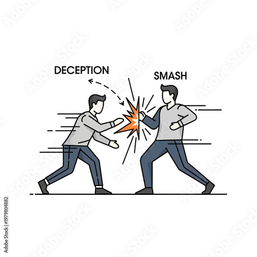 Business conflict, deception vs smash, competition concept, two men fighting, vector illustration