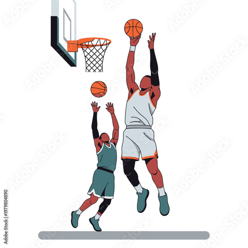 Basketball players jumping for a slam dunk and rebound on court