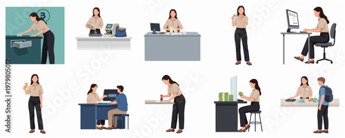 Flat Style Isolated Woman Bank Teller and Customer Service Illustration Set
