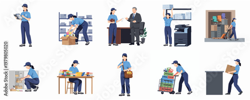 Flat Illustration Professional Woman Worker in Various Warehouse Activities Set