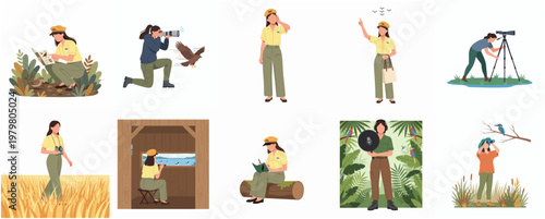 Flat Illustration Various Poses of Park Ranger Observing Wildlife and Nature