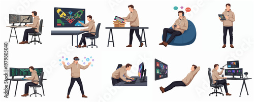 Flat Style Detailed Man Working and Relaxing From Home Illustration Set