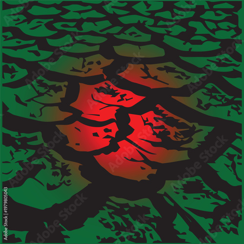 Abstract minimalist art with bold red shape and dark cracked patterns