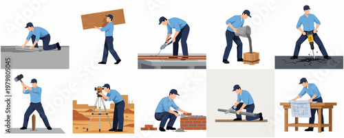 Flat Illustration Collection of Construction Worker Character Doing Different Job