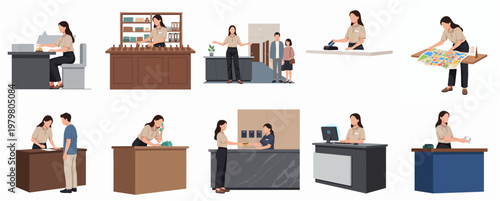 Simple Flat Illustration Set of Woman Working at Different Desk Category