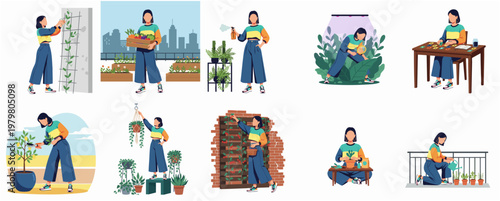 Flat Style Woman with Indoor Gardening Hobby Illustration Activity Set
