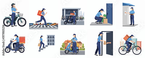 Detailed Flat Illustration Set of Female Courier in Various Delivery Scenarios