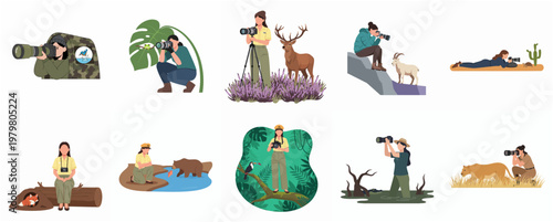 Cartoon Illustration Set Wildlife Photographer Diverse Locations and Animals Concept