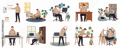 Flat Illustration Man Working from Home Various Activities Lifestyle Set