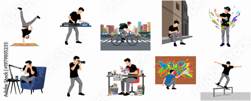 Various Artistic Hobbies and Activities Performed by Young Man in Different Scenes Illustration