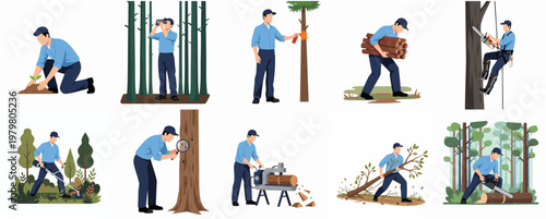 Flat Cartoon Lumberjack Logger Set of Illustrations and Tree Logging Activities