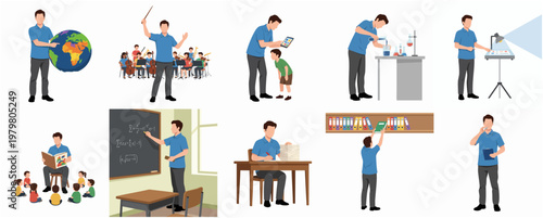 Collection of Teacher in Various Action in Classroom Illustration Set