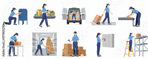 Flat Illustration of Delivery Woman in Various Poses and Locations Set