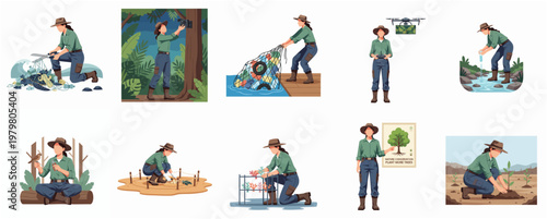 Flat Illustration of Environment Conservation Activities by Female Park Ranger Character