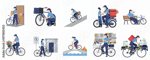 Simple Illustration Delivery Woman with Bicycle Various Poses and Activity Set