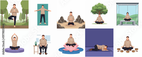Diverse Handdrawn Man Practicing Meditation Various Position Illustration Set