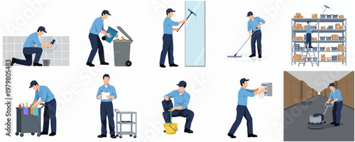 Collection of Cleaning Service Staff Character Doing Various Job Illustration