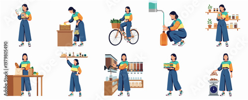 Set of Lifestyle Illustrations Featuring a Woman Shopping Eco Friendly