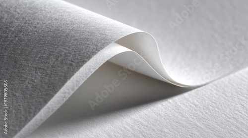 Close-Up of Soft, Textured White Paper with Curled Edge Reflecting Natural Light in a Minimalistic Setting for Artistic Purpose