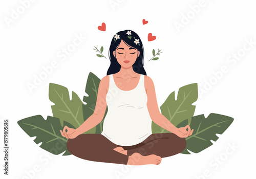 Young Woman Meditating in Nature with Leaves.