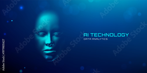 Recognition scan artificial tech wireframe id brain technology virtual mesh. Glowing blue neon brain futuristic security concept. Person through polygon and light particles.