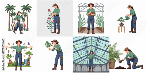 Detailed Flat Illustration Female Gardener in Various Poses Lifestyle Collection