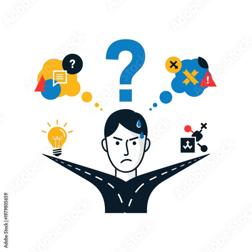 Confused man facing a crossroads with question mark and thought bubbles