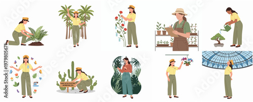 Flat Illustration Set of Woman Gardener Doing Different Gardening Activities