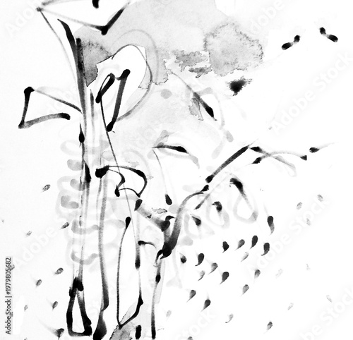 An abstract black and white composition in the style of zen ink art on a white background. (2)