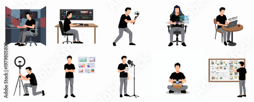 Minimalist Diverse Content Creator Activities and Equipment Flat Illustration Set