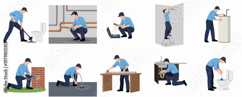 Flat Design Plumbing Services Man Character Doing Repair Work Illustration