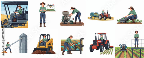Pixelated Cartoon Illustration of Modern Farming Practices and Agricultural Machinery