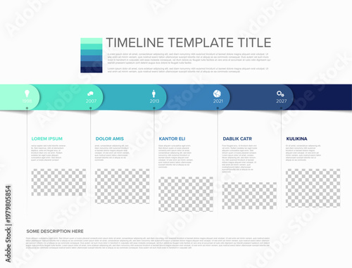 This blue business timeline infographic features five distinct steps for a professional timeline with Photo Placeholders. Business timeline to showcase your strategy and company history clearly.