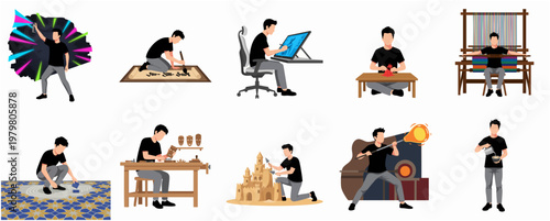 Simple Style Diverse Hobby Activities Illustration Set with People Doing Various Things