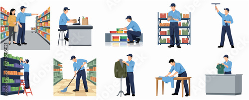 Flat Style Illustration Set of Retail Store Worker Activities and Professions