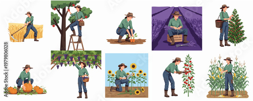 Illustration of Woman Farmer Working on Different Crops and Plants in Farm