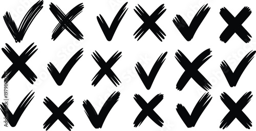 Black checkmarks and x's on white background brush strokes