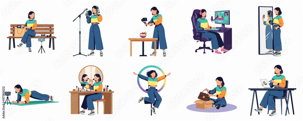 Fototapeta premium Flat Woman Daily Activity Set, Content Creator and Influencer Concept