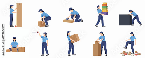 Flat Style Woman Delivering Boxes and Packages in Various Poses Illustration