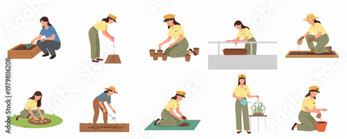 Flat Illustration Set of Woman Doing Gardening Activity in Various Poses