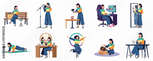 Flat Woman Daily Activity Set, Content Creator and Influencer Concept