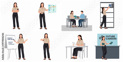 Flat Style Businesswoman Poses and Activities Illustration Set in Office Environment
