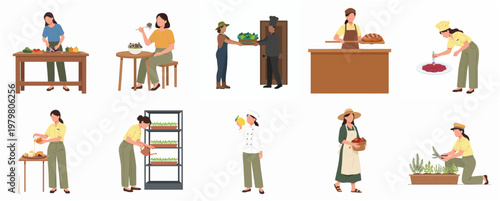 Flat Style Illustration Showing Different Scene of Food Preparation and Gardening