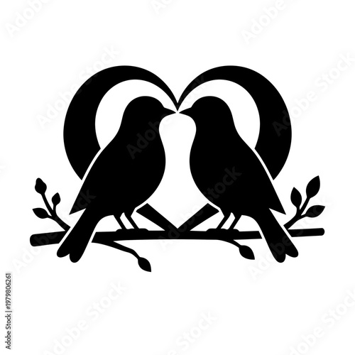 Two birds kissing on a branch with heart