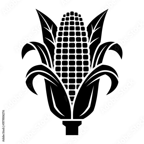 Corn cob illustration with leaves and stem