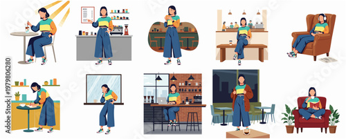 Stylized Illustration Woman in Different Poses at Coffee Shop Set